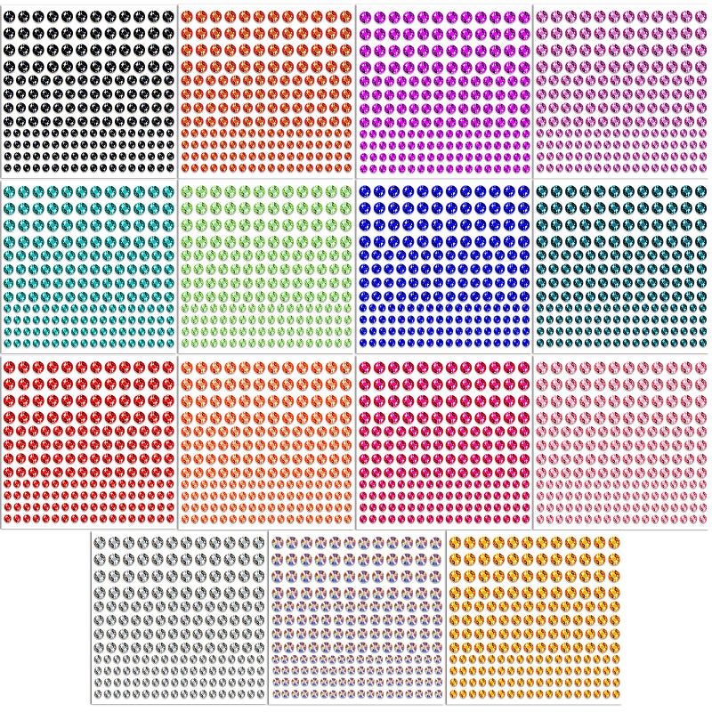 كريتريل ملصقات أحجار الراين من هاوسنر، 2580 قطعة، بـ 15 لونًا و3 أحجام، 15 ورقة، ملصقات أحجار الراين الملونة ذاتية اللصق، مناسبة للأعمال اليدوية، والجسم، والأظافر، إلخ. (متعددة الألوان) - Image 1